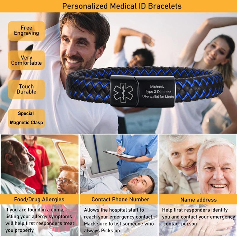 VNOX Medical Alert ID Blood THINNER Blue&Black Braided Leather Stainless Steel Cuff Bracelet - Image 2